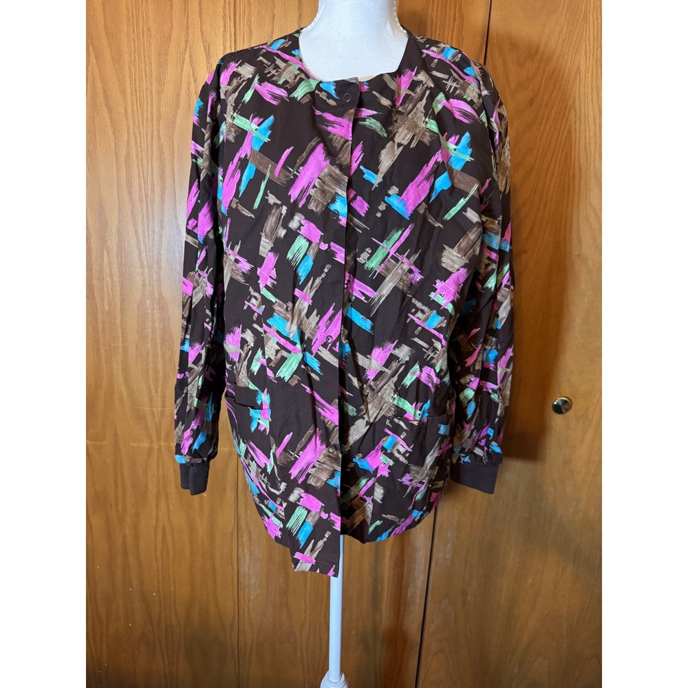 Scrub H.Q. Womens Abstract Print Scrub Jacket Brown Pink Blue Snap Front Size M